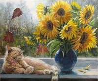 Без бренда «Подсолнухи в синей вазе возле кота» в Барнауле  в интернет-магазине  Без бренда «Подсолнухи в синей вазе возле кота» в Барнауле