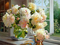 Без бренда «Ваза с букетом белых пионов у окна» в Барнауле 