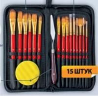 Без бренда «Коробка 50 шт.: Набор кистей для рисования в чехле, премиум набор (15 нейлоновых кистей, 1 мастихин) красные» в Барнауле 