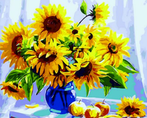 Букет ярких подсолнухов и яблоки